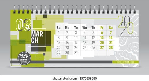 Calendar template for 2020 year. Vector and typographic planner diary in minimalist style.