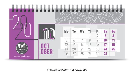 Calendar template for 2020 year. Vector and typographic planner diary in minimalist style.