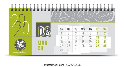 Calendar template for 2020 year. Vector and typographic planner diary in minimalist style.