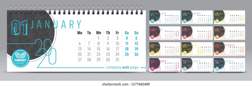 Calendar template for 2020 year. Vector and typographic planner diary in minimalist style.