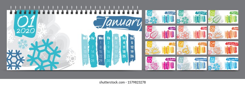 Calendar template for 2020 year. Vector and typographic planner diary in minimalist style.