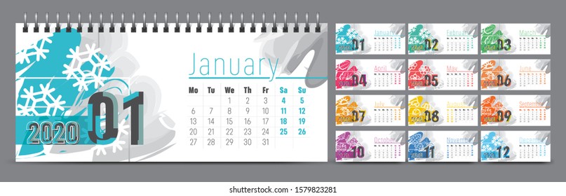 Calendar template for 2020 year. Vector and typographic planner diary in minimalist style.