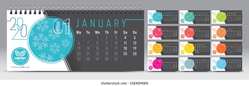 Calendar template for 2020 year. Vector and typographic planner diary in minimalist style.