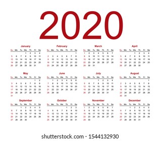 Calendar template for 2020 year. Week starts from Sunday. Isolated vector illustration on white background.