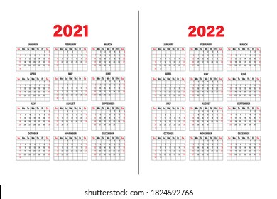 Calendar template 2021 and 2022. The design of the calendar in black and white, weekend in red tones. Vector
