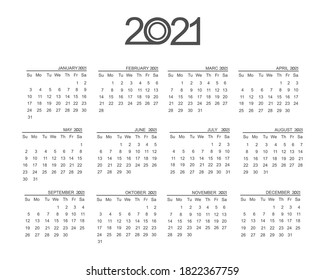 Calendar template for 2021. Isolated on white background, for web media, apps and print media.