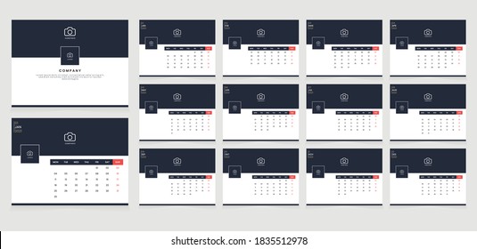 Calendar template for 2021. Planner diary in minimalist style. Minimalist desk calendar and agenda for companies and businesses.