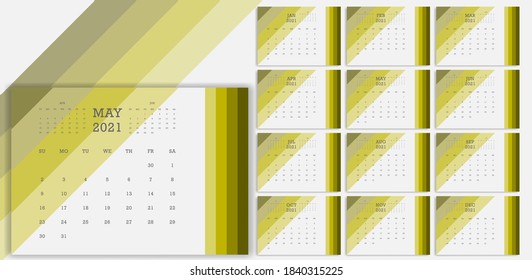 Calendar template for 2021. Planner diary in minimalistic style. Company and business calendars. A5 size calendar, in green brown color, Week Starts Sunday.