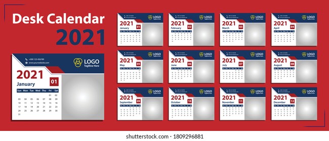 Calendar template for 2021. Set of 12 months. Monthly desk calendar 2021. Editable desk calendar template. Red and blue color minimal desk calendar. Week starts Sunday.