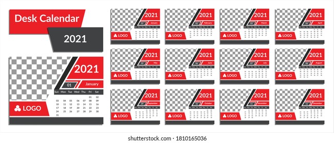 Calendar template for 2021. Set of 12 months. Monthly desk calendar 2021. Editable desk calendar template. Colorful minimal desk calendar. Week starts Sunday