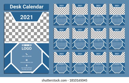 Calendar template for 2021. Set of 12 months. Monthly desk calendar 2021. Editable desk calendar template. Colorful minimal desk calendar. Week starts Sunday