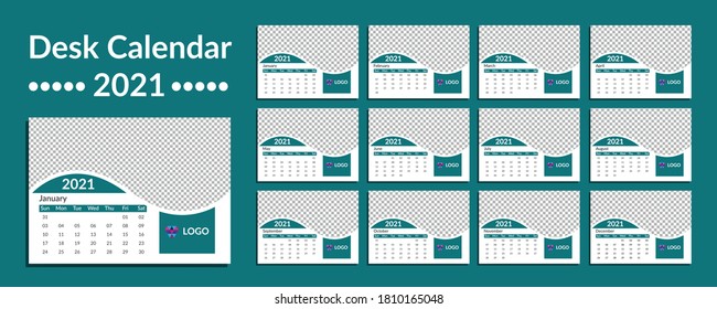 Calendar template for 2021. Set of 12 months. Monthly desk calendar 2021. Editable desk calendar template. Colorful minimal desk calendar. Week starts Sunday
