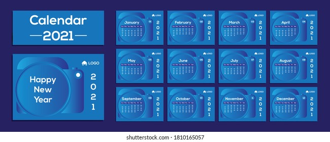 Calendar template for 2021. Set of 12 months. Monthly desk calendar 2021. Editable desk calendar template. Colorful minimal desk calendar. Week starts Sunday