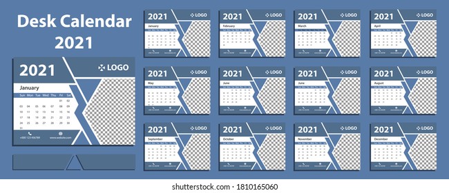 Plantilla de calendario para 2021. Conjunto de 12 meses. Calendario mensual del mostrador 2021. Plantilla de calendario de escritorio editable. Calendario de escritorio mínimo y colorido. La semana empieza el domingo