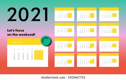 Diseño minimalista de moda en el calendario de paredes 2021. La semana de la plantilla de calendario de vectores comienza el lunes. Conjunto de 12 meses. Diseño estacional orientación horizontal horizontal de paisaje.