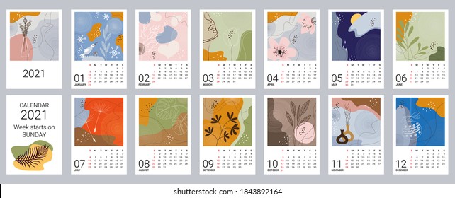 Calendar template for 2021. Vertical design with abstract natural patterns. Editable vector illustration, set of 12 months with cover. Week starts on Sunday.