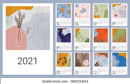 Calendar template for 2021. Vertical design with abstract natural patterns. Editable vector illustration, set of 12 months with cover. Week starts on Monday.