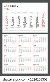 Calendar template 2021. Week start Sunday corporate design planner template.