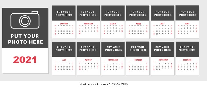 calendar template for 2021 year. 12 pages. Week starts on Sunday. Calendar template design with Place for  Company Logo. Vector illustration.