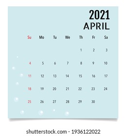 Calendar template for 2021 year. April. Week Starts Sunday.