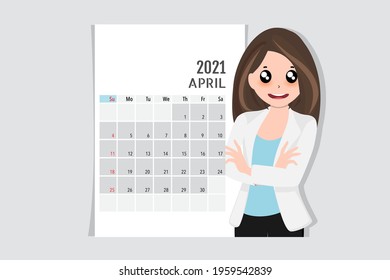 Calendar template for 2021 year. April. Week Starts Sunday.