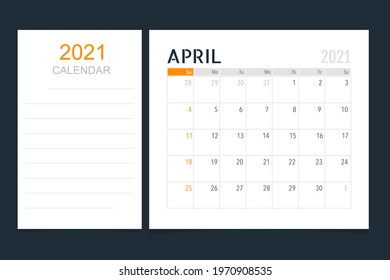 Calendar template for 2021 year. April. Week Starts Sunday.