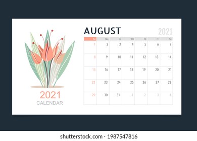 Calendar template for 2021 year. August. Week Starts Sunday.