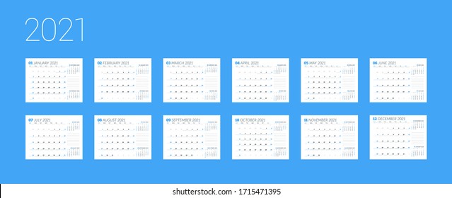 Calendar template for 2021 year. Business planner. Stationery design. Week starts on Sunday. Vector illustration