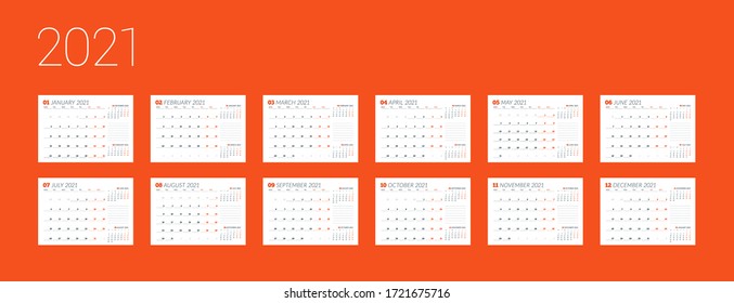 Calendar template for 2021 year. Business planner. Stationery design. Week starts on Monday. Vector illustration