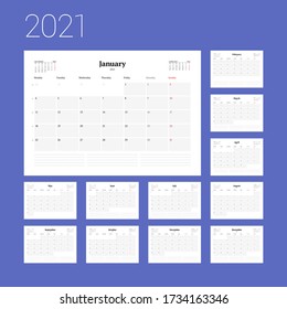 Plantilla del calendario para 2021 año. Planificador de negocios. Diseño estacional. La semana comienza el lunes. Ilustración del vector