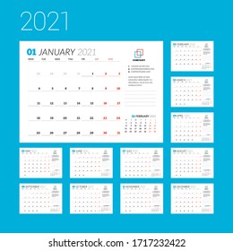 Calendar template for 2021 year. Corporate business planner. Stationery design. Week starts on Monday. Vector illustration