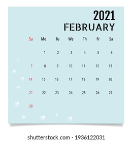 Calendar template for 2021 year. February. Week Starts Sunday.