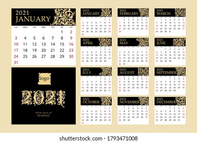 Calendar template for 2021 year in gothic style. Shades of gold. Week Starts Sunday.