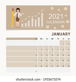 Calendar template for 2021 year. January. Week Starts Sunday.
