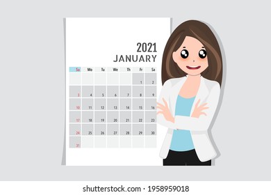 Calendar template for 2021 year. January. Week Starts Sunday.