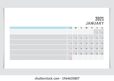 Calendar template for 2021 year. January. Week Starts Sunday.