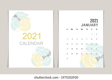 Calendar template for 2021 year. January. Week Starts Sunday.