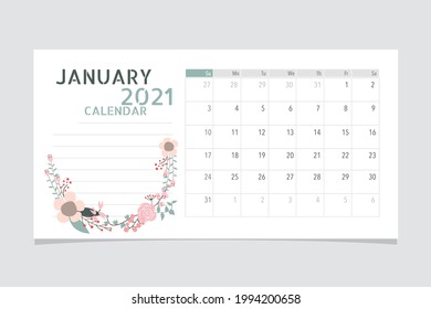 Calendar template for 2021 year. January. Week Starts Sunday.