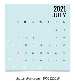 Calendar template for 2021 year. July. Week Starts Sunday.