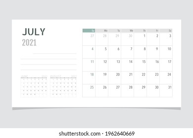 Calendar template for 2021 year. July. Week Starts Sunday.