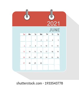 Calendar template for 2021 year. June. Week Starts Sunday.

