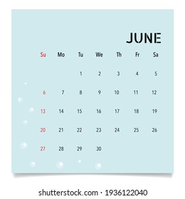Calendar template for 2021 year. June. Week Starts Sunday.
