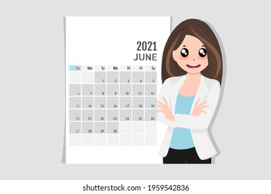 Calendar template for 2021 year. June. Week Starts Sunday.