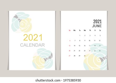Calendar template for 2021 year. June. Week Starts Sunday.