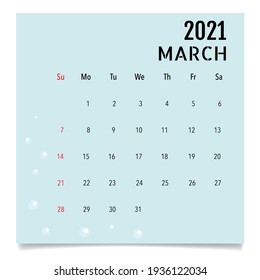 Calendar template for 2021 year. March. Week Starts Sunday.