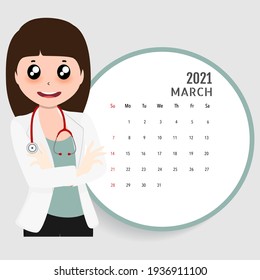 Calendar template for 2021 year. March. Week Starts Sunday.