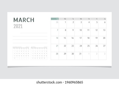 Calendar template for 2021 year. March. Week Starts Sunday.