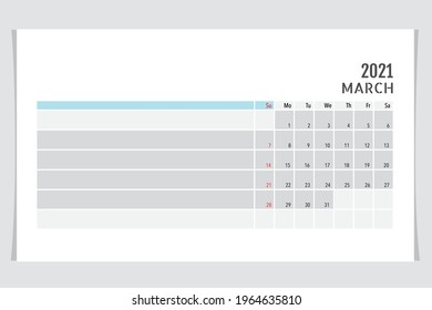 Calendar template for 2021 year. March. Week Starts Sunday.
