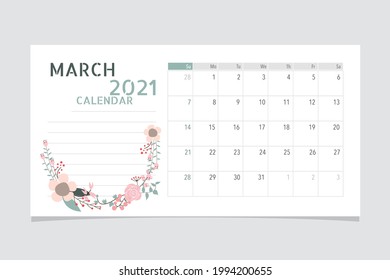 Calendar template for 2021 year. March. Week Starts Sunday.