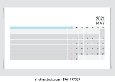 Plantilla del calendario para 2021 año. Mayo. La semana empieza el domingo.